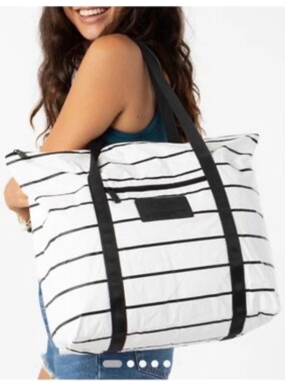 ALOHA Collection White and Black Pinstripe Zippered Tote